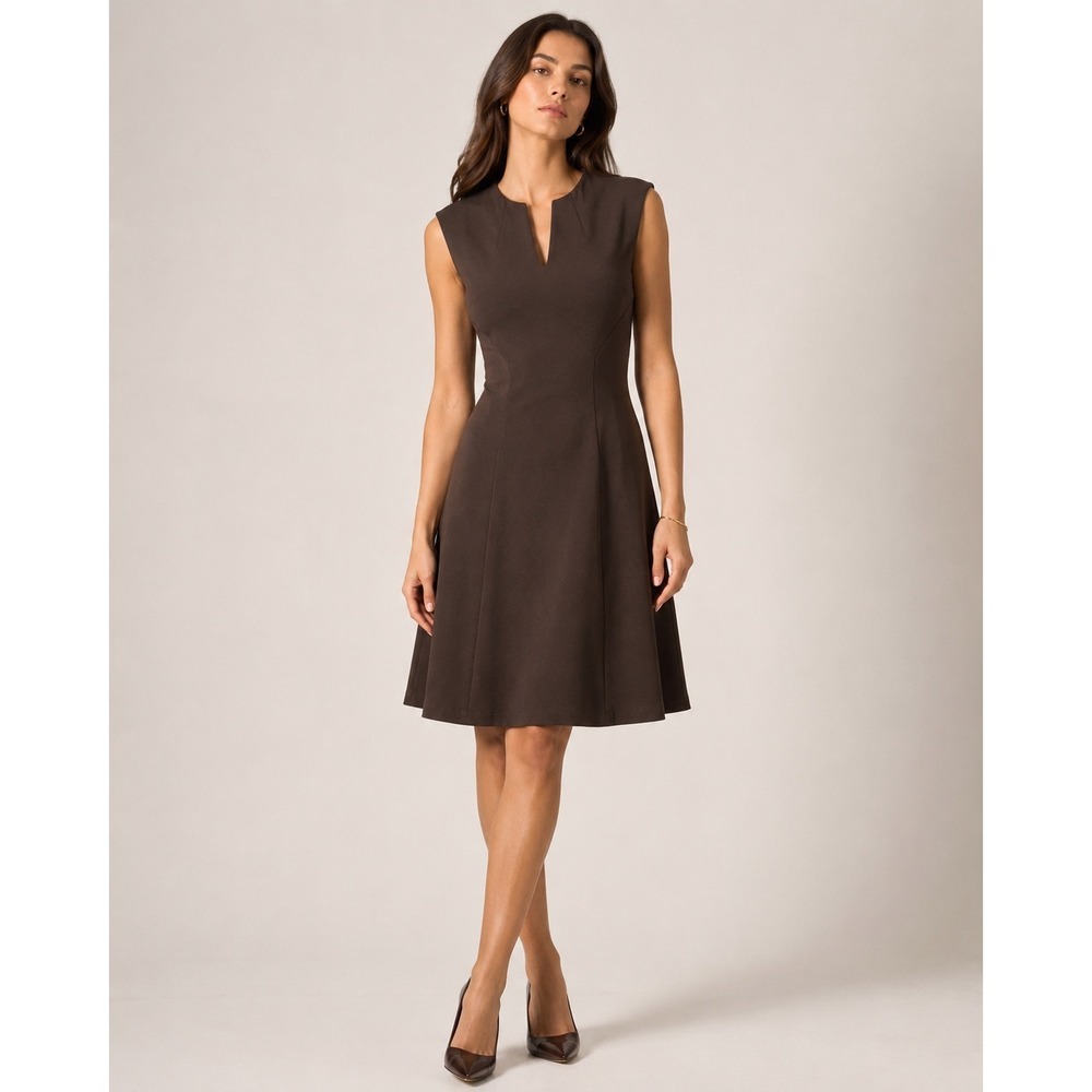 Lafayette 148 New York Brown Split Neck Sleeveless Punto Milano Knit Dress Sz 2